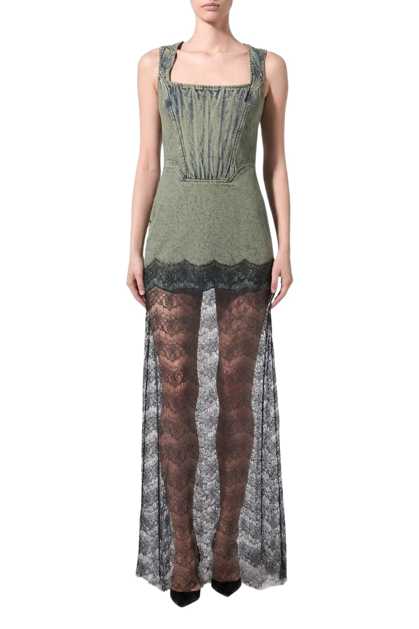 Robe longue effet denim à dentelle noire - Olive