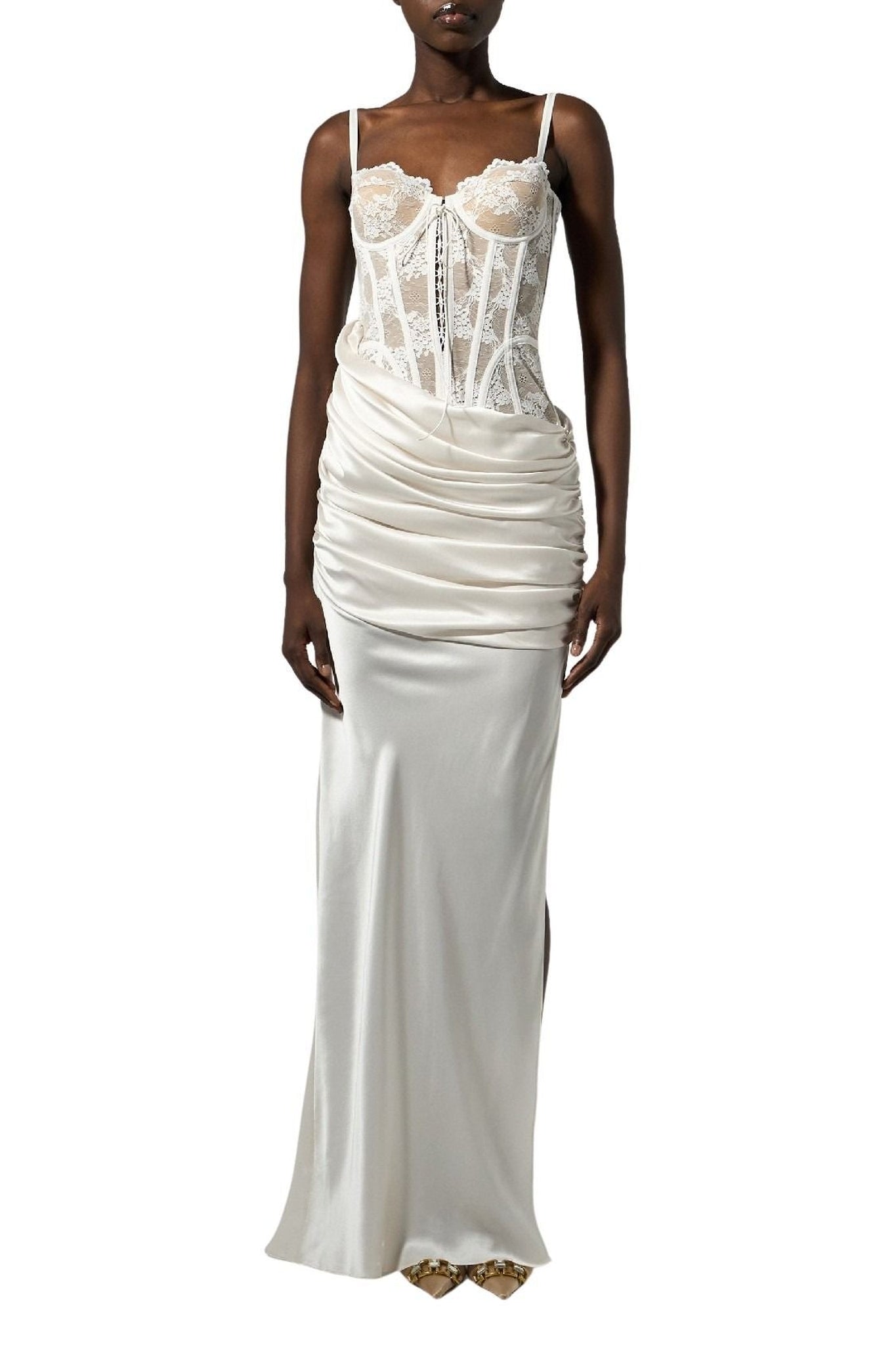 Robe longue satinée à corset en dentelle - Ecru