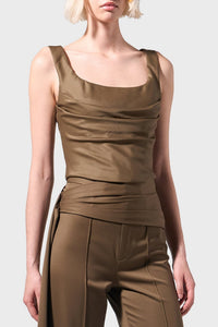 Top satiné à encolure carrée en laine - Olive