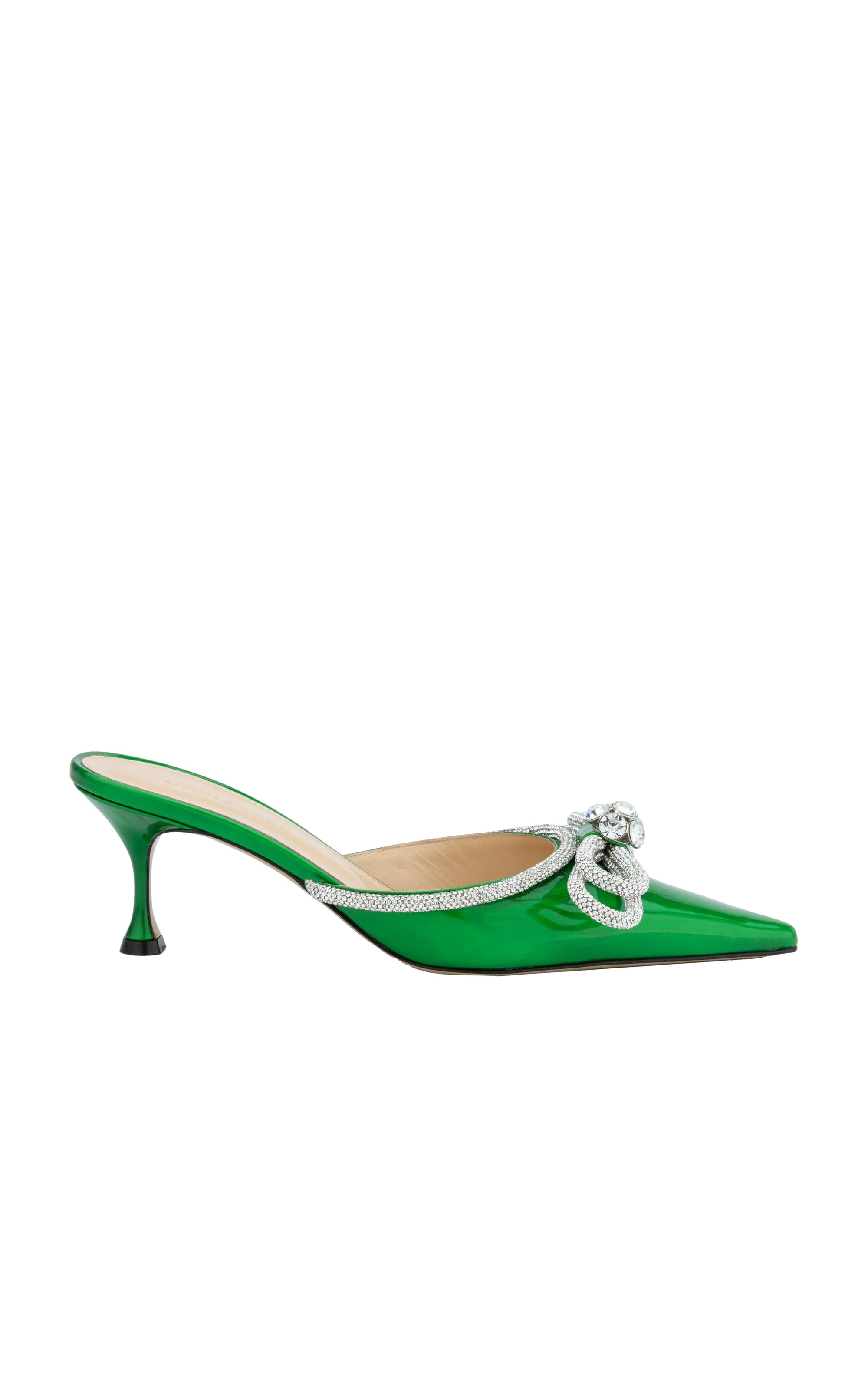 Double Bow 65 mules in metallic leather & rhinestones - Iridescent Green