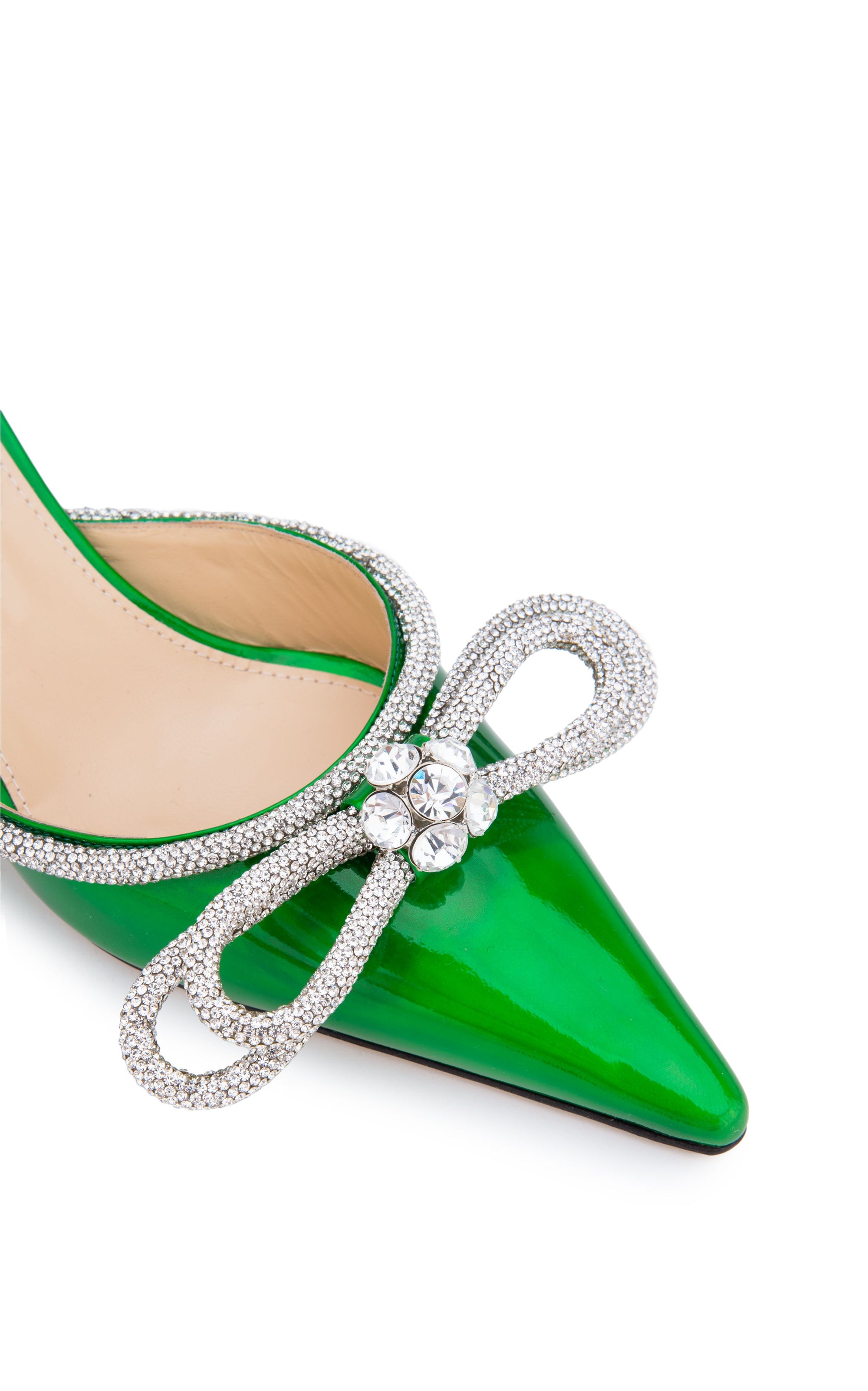 Double Bow 65 mules in metallic leather & rhinestones - Iridescent Green