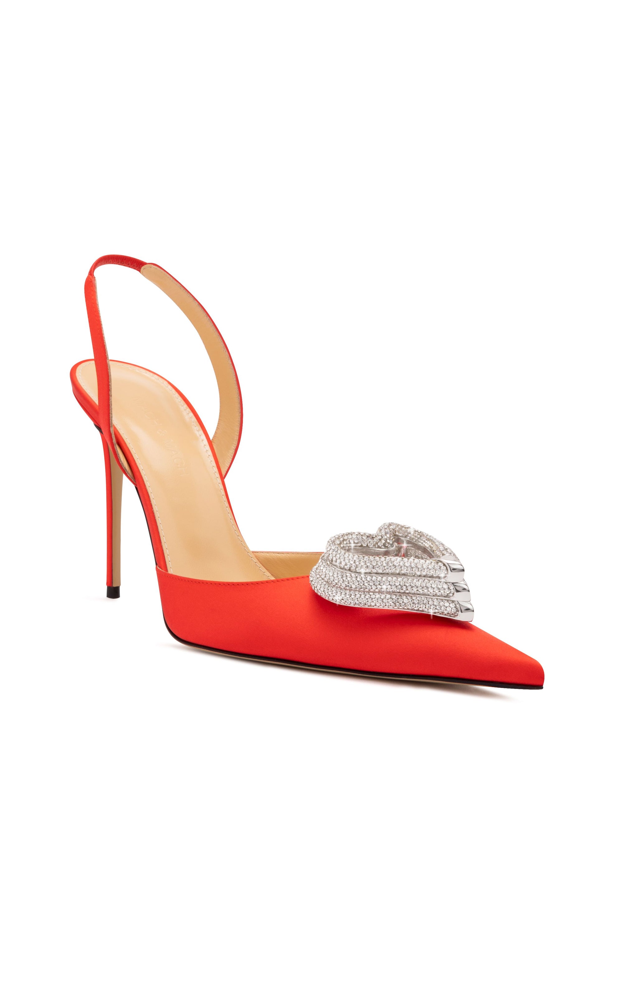 Triple Heart 110 silk & rhinestone Slingback - Red
