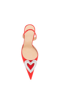 Triple Heart 110 silk & rhinestone Slingback - Red