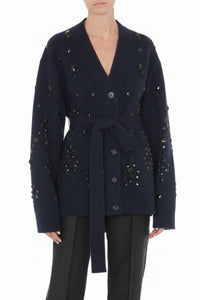 Cardigan orné de perles en laine et soie - Blue