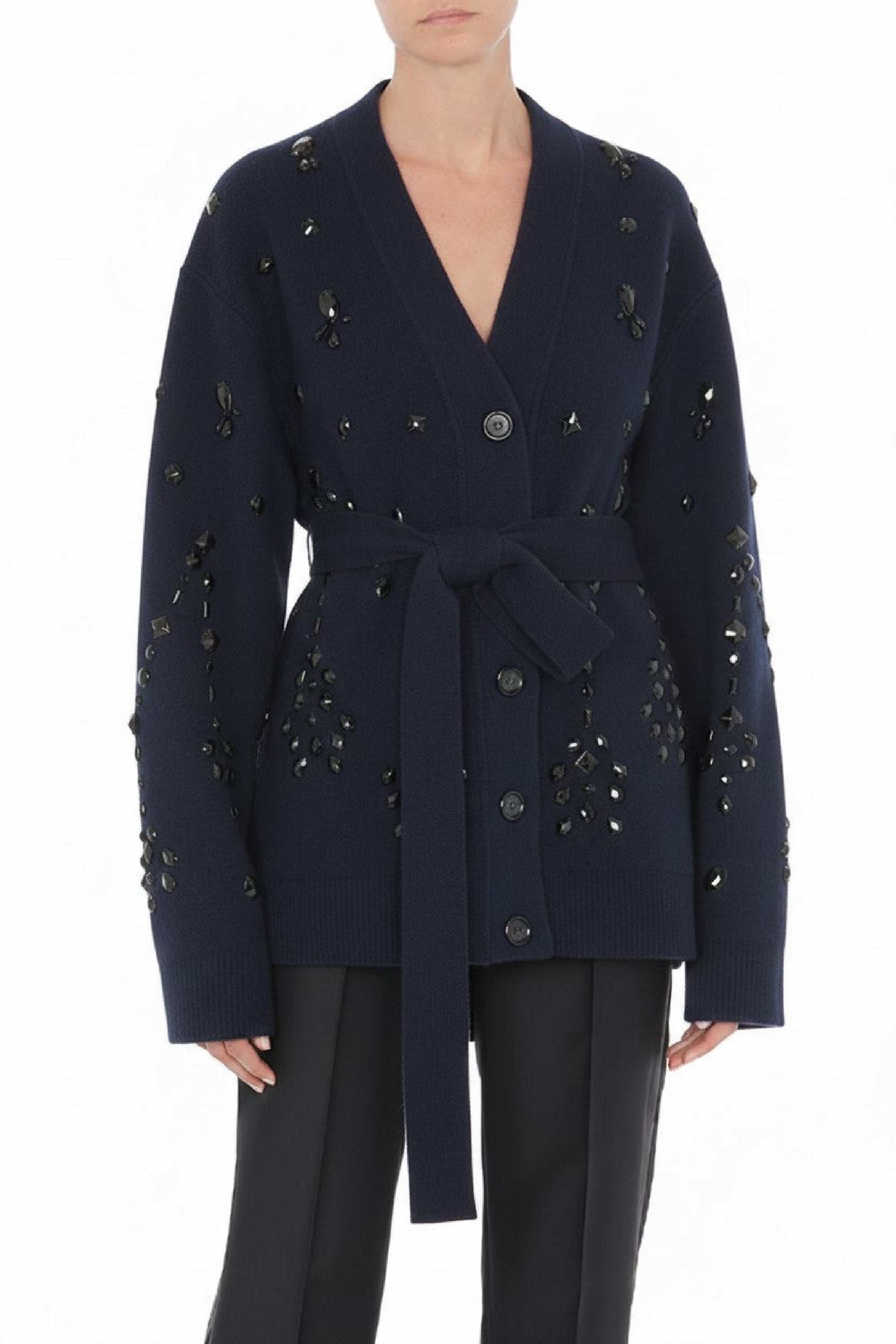 Cardigan orné de perles en laine et soie - Blue