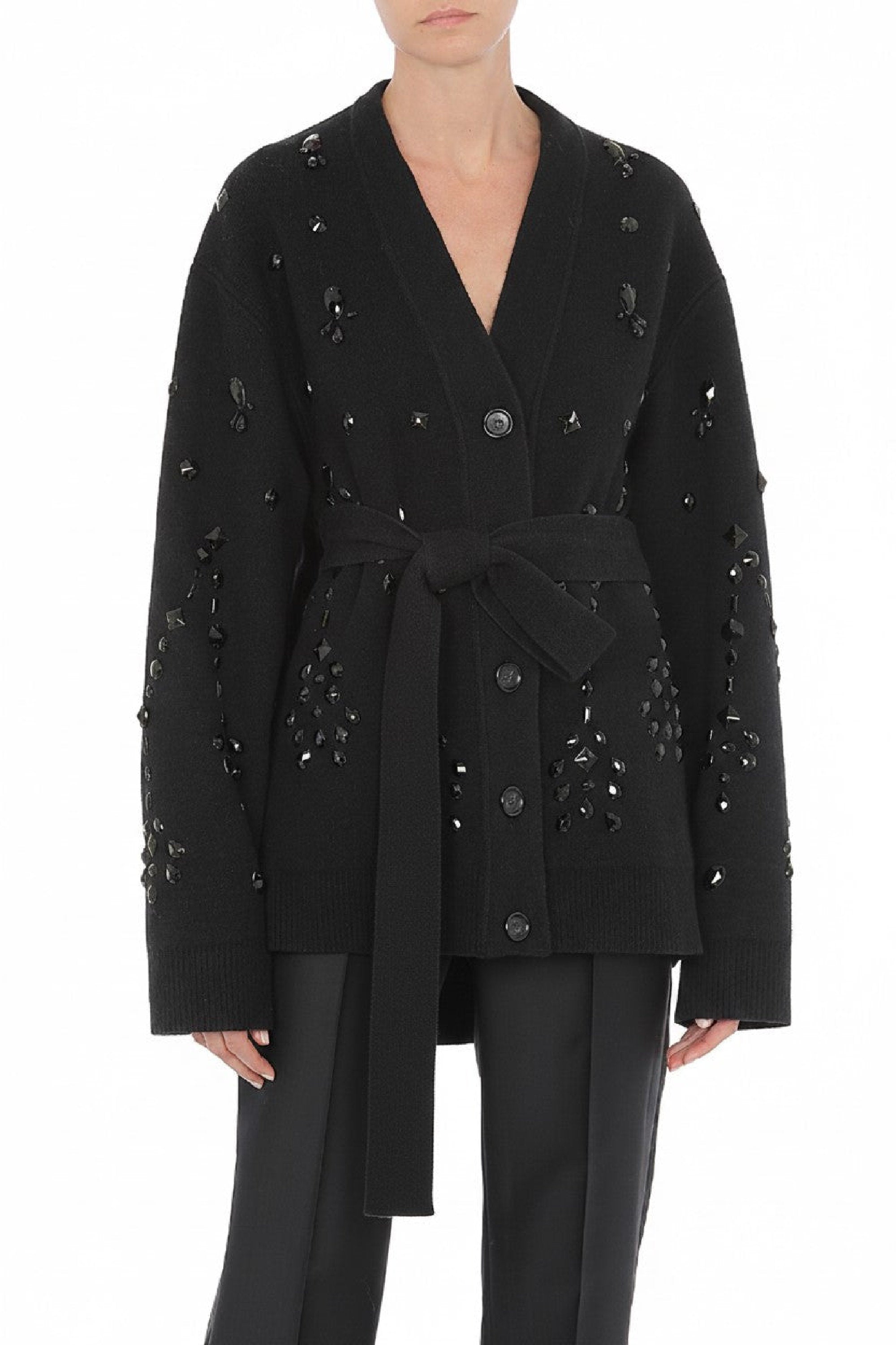 Cardigan orné de perles en laine et soie - Black
