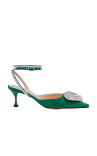 Triple Heart 65 strappy pumps in silk & strass - Emerald Green