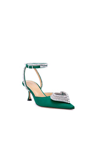Triple Heart 65 strappy pumps in silk & strass - Emerald Green