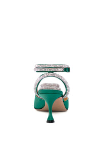 Triple Heart 65 strappy pumps in silk & strass - Emerald Green