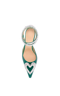 Triple Heart 65 strappy pumps in silk & strass - Emerald Green