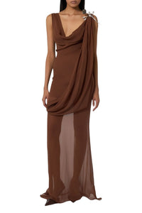 Robe longue à pinces en soie - Brown