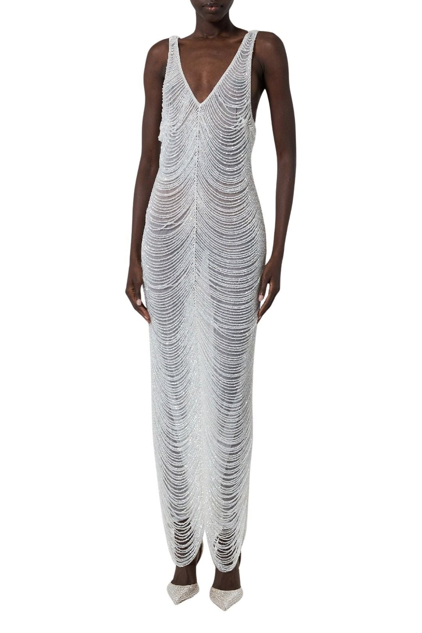 Robe longue à cristaux pendants - White