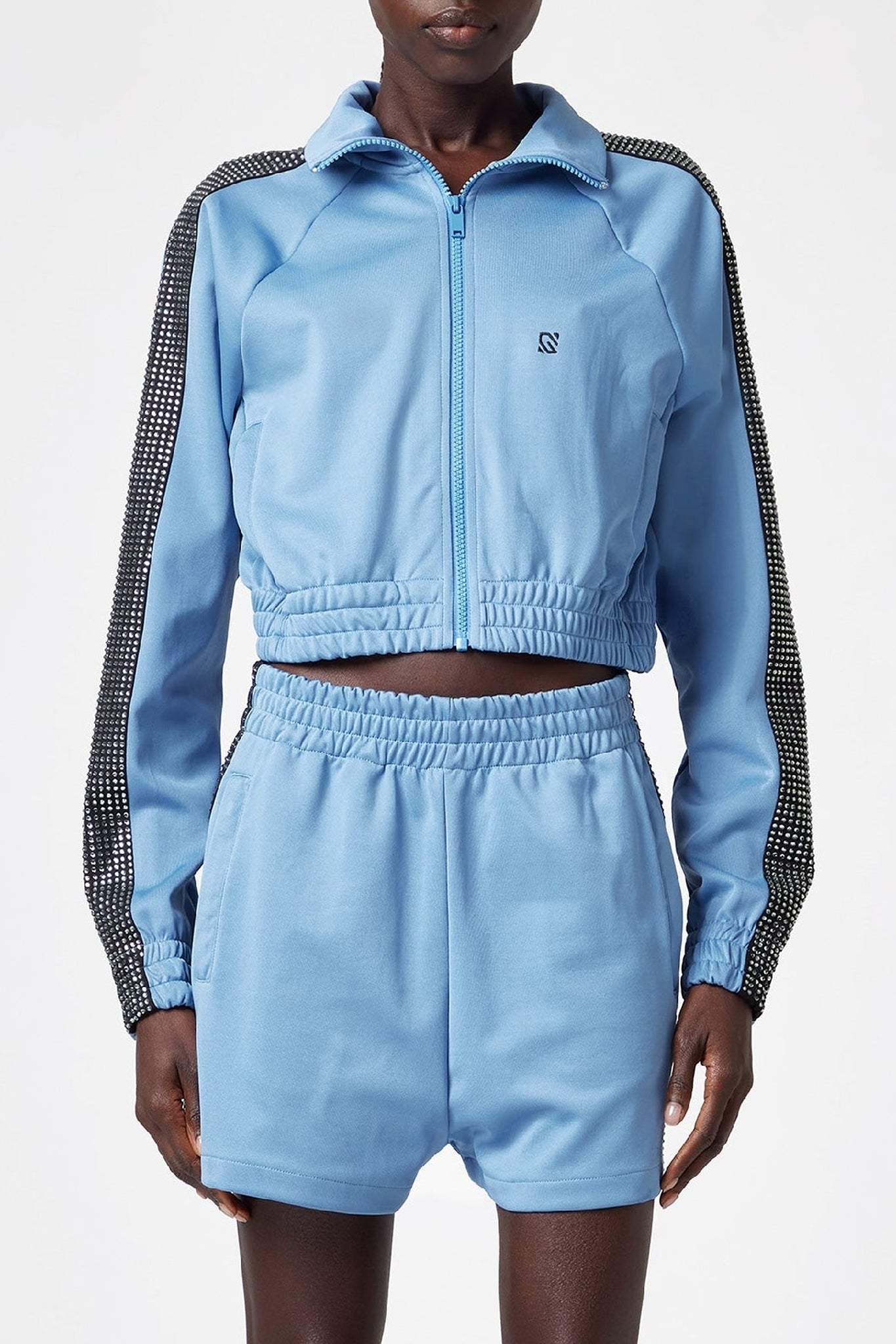 Sweatshirt court à capuche à bandes de cristaux - Blue