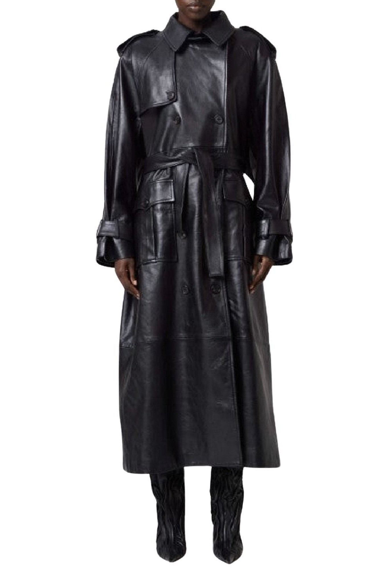 Trenchcoat ceinturé en cuir - Black