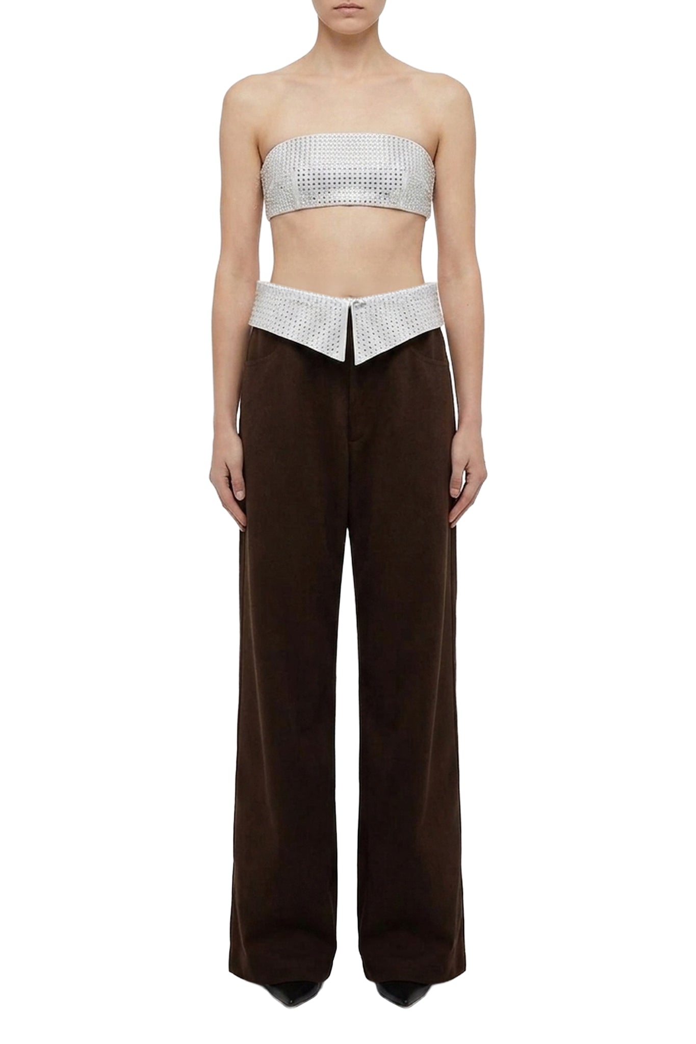 Pantalon large à revers strassé - Brown