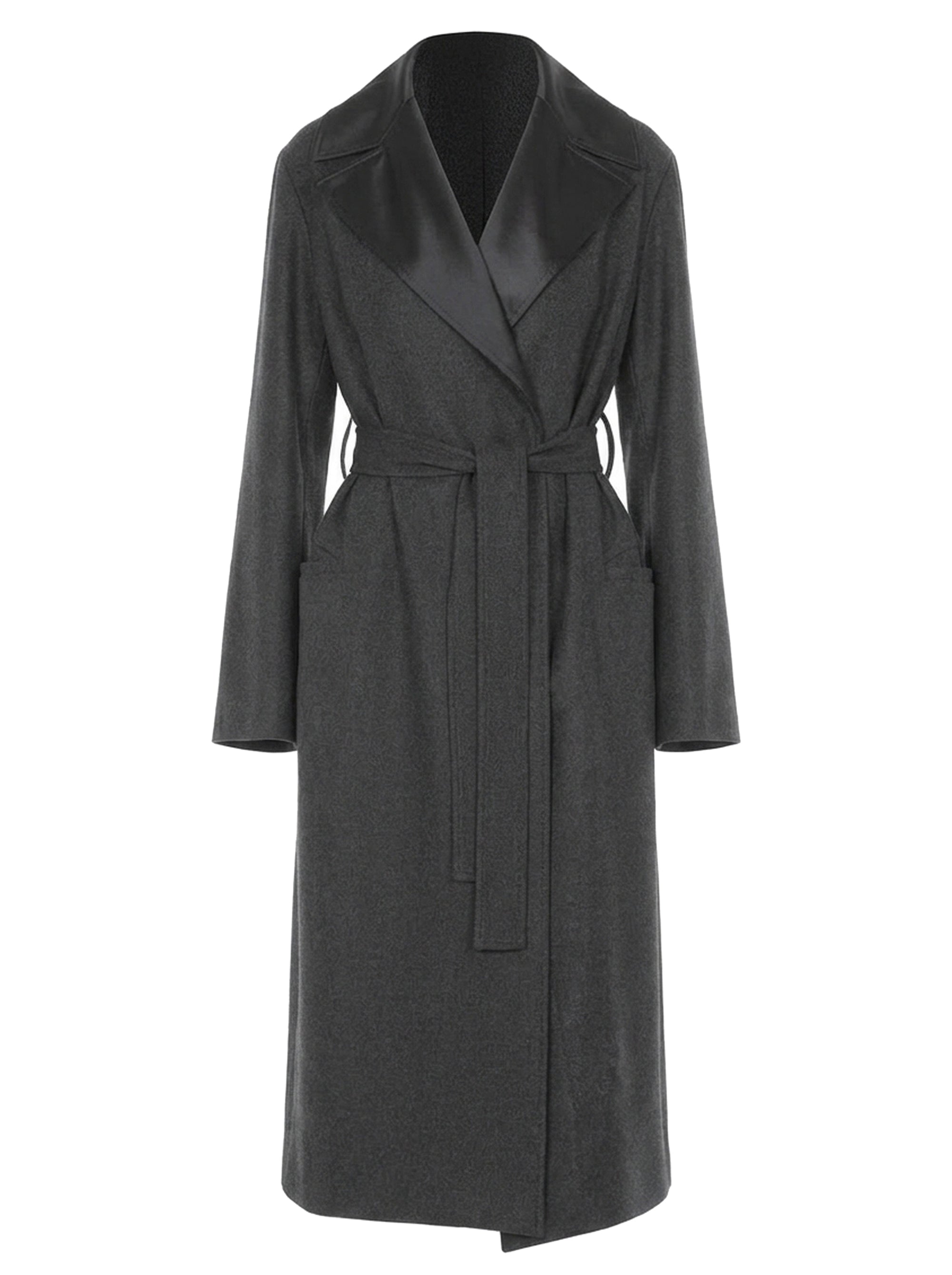 Manteau long ceinturé avec col en laine - Fantasy Grey