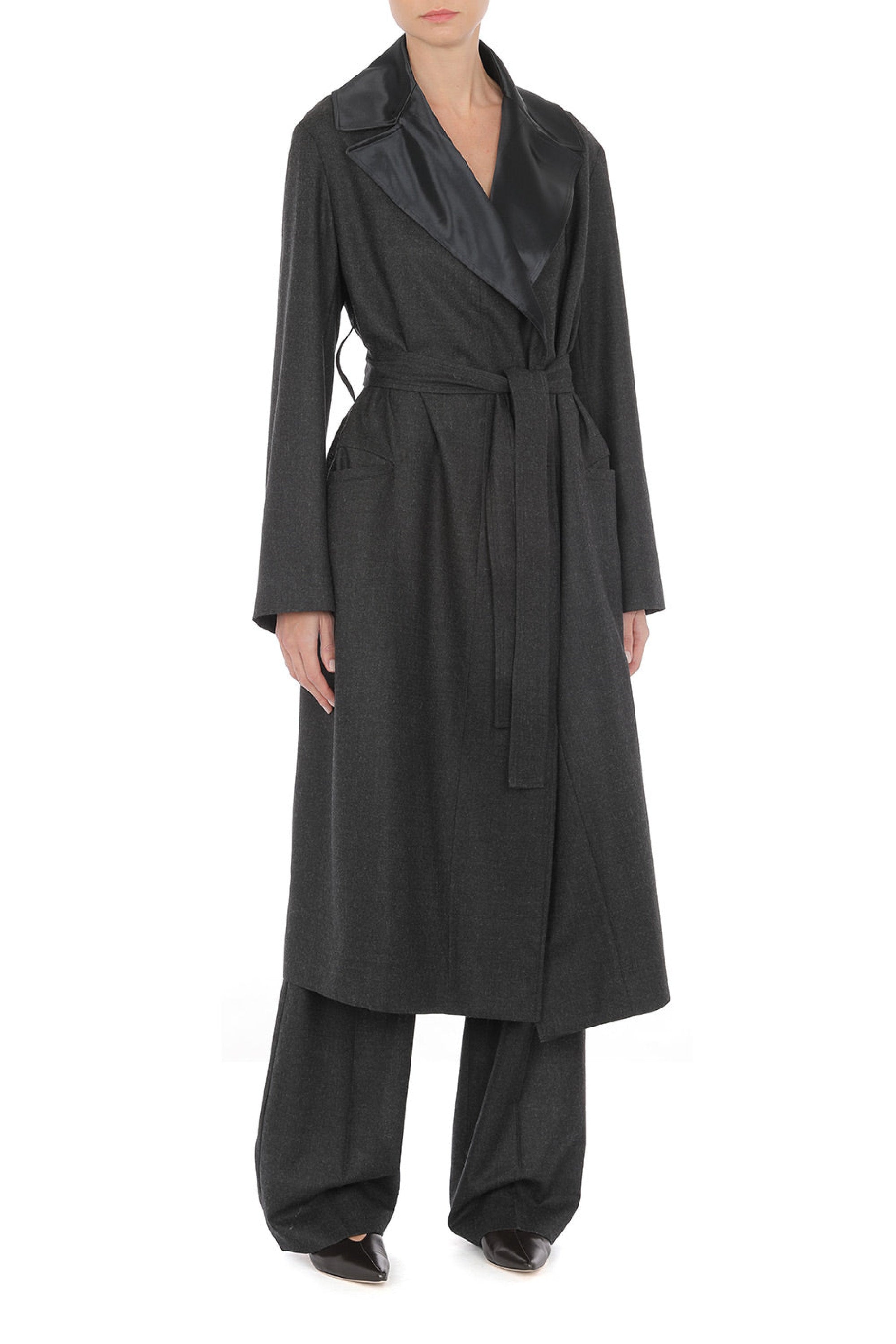 Manteau long ceinturé avec col en laine - Fantasy Grey