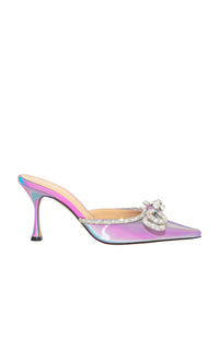 Double Bow 85 heeled mules in metallic leather & rhinestones - Led Pink