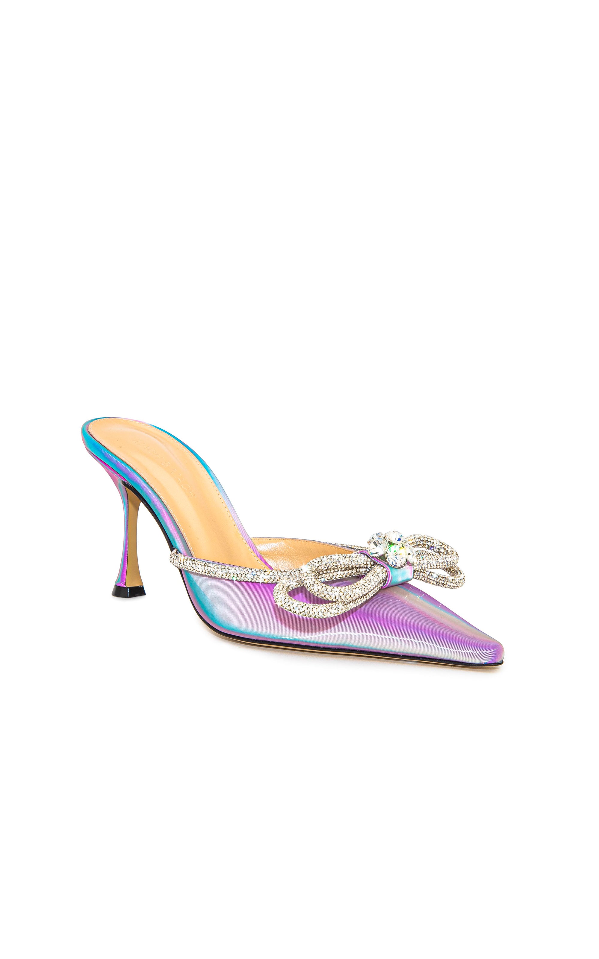 Double Bow 85 heeled mules in metallic leather & rhinestones - Led Pink