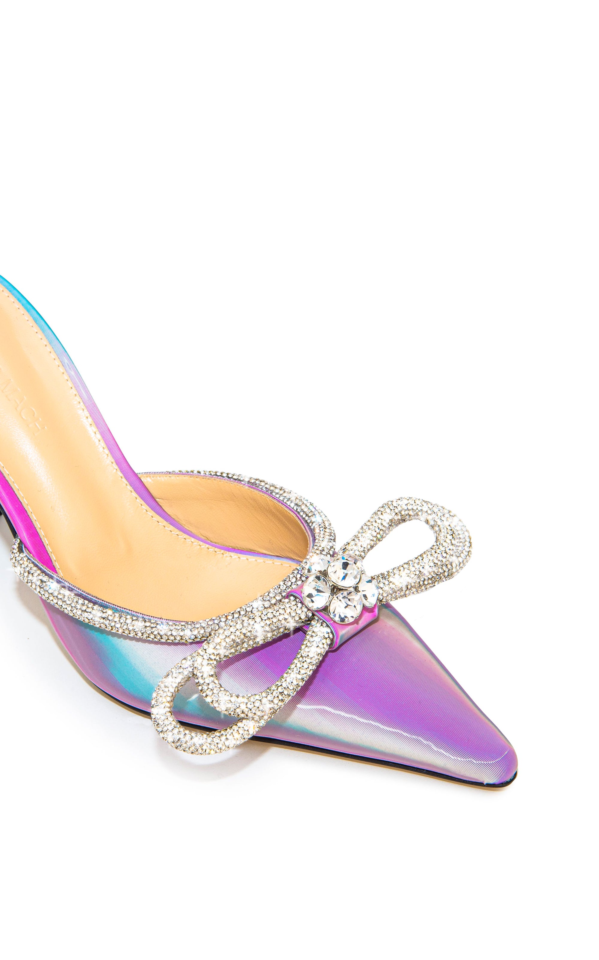 Double Bow 85 heeled mules in metallic leather & rhinestones - Led Pink