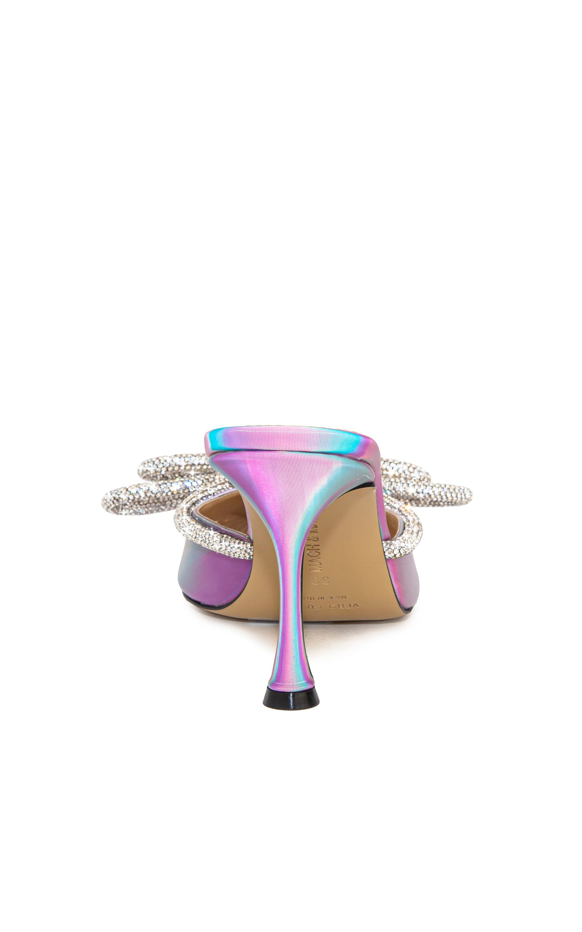 Double Bow 85 heeled mules in metallic leather & rhinestones - Led Pink