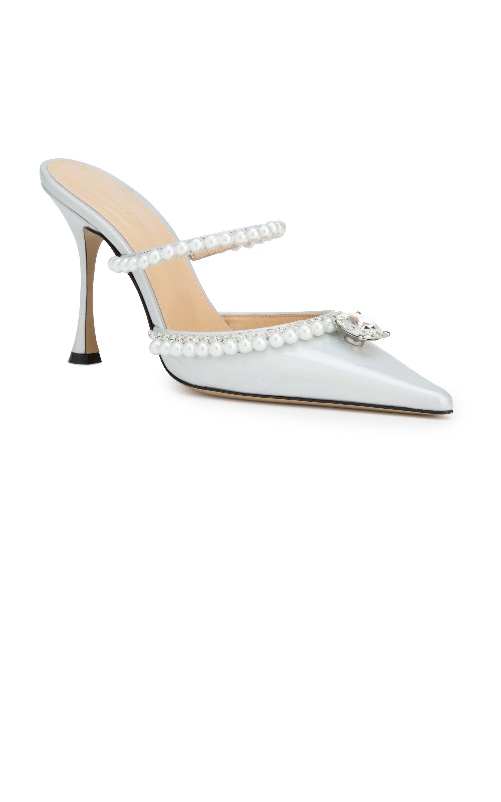 Elizabeth 100 mules in metallic leather & pearls - Iridescent Silver