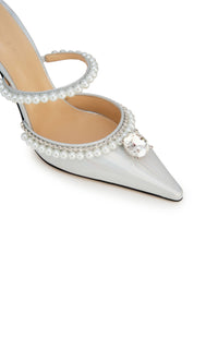 Elizabeth 100 mules in metallic leather & pearls - Iridescent Silver