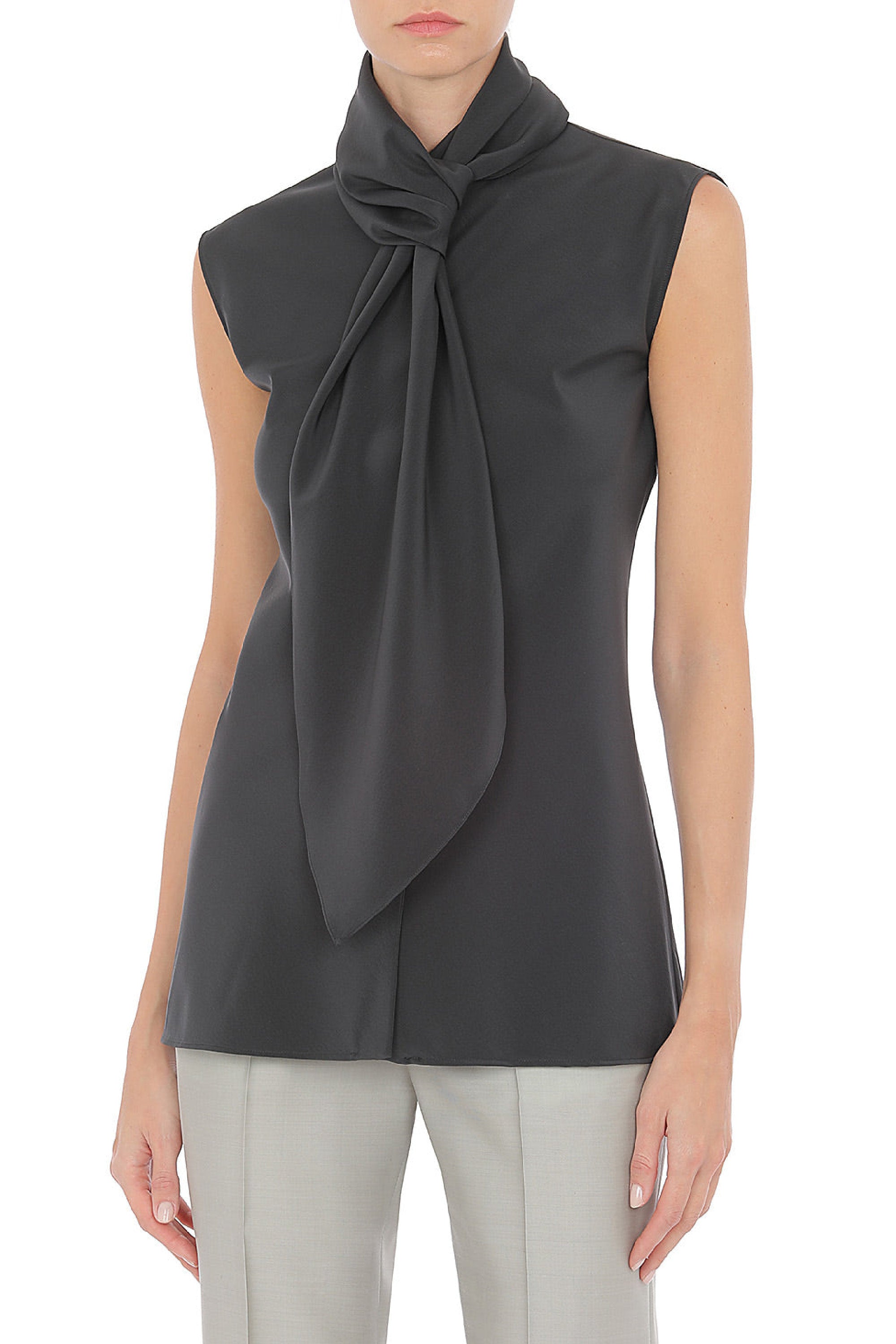 Blouse avec nœud drapé au col en soie - Grey