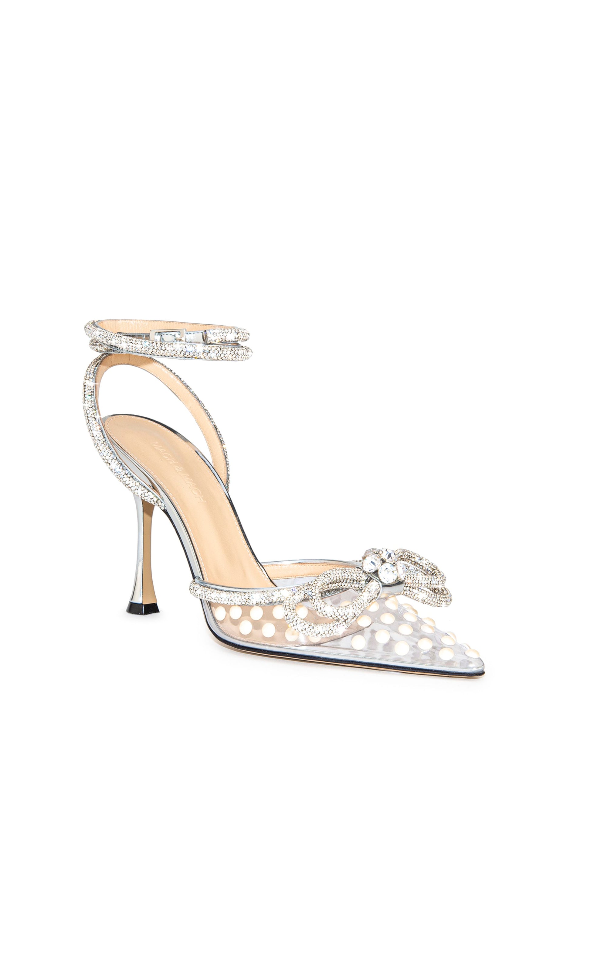Double Bow 100 strappy pumps with pearls and rhinestones - White