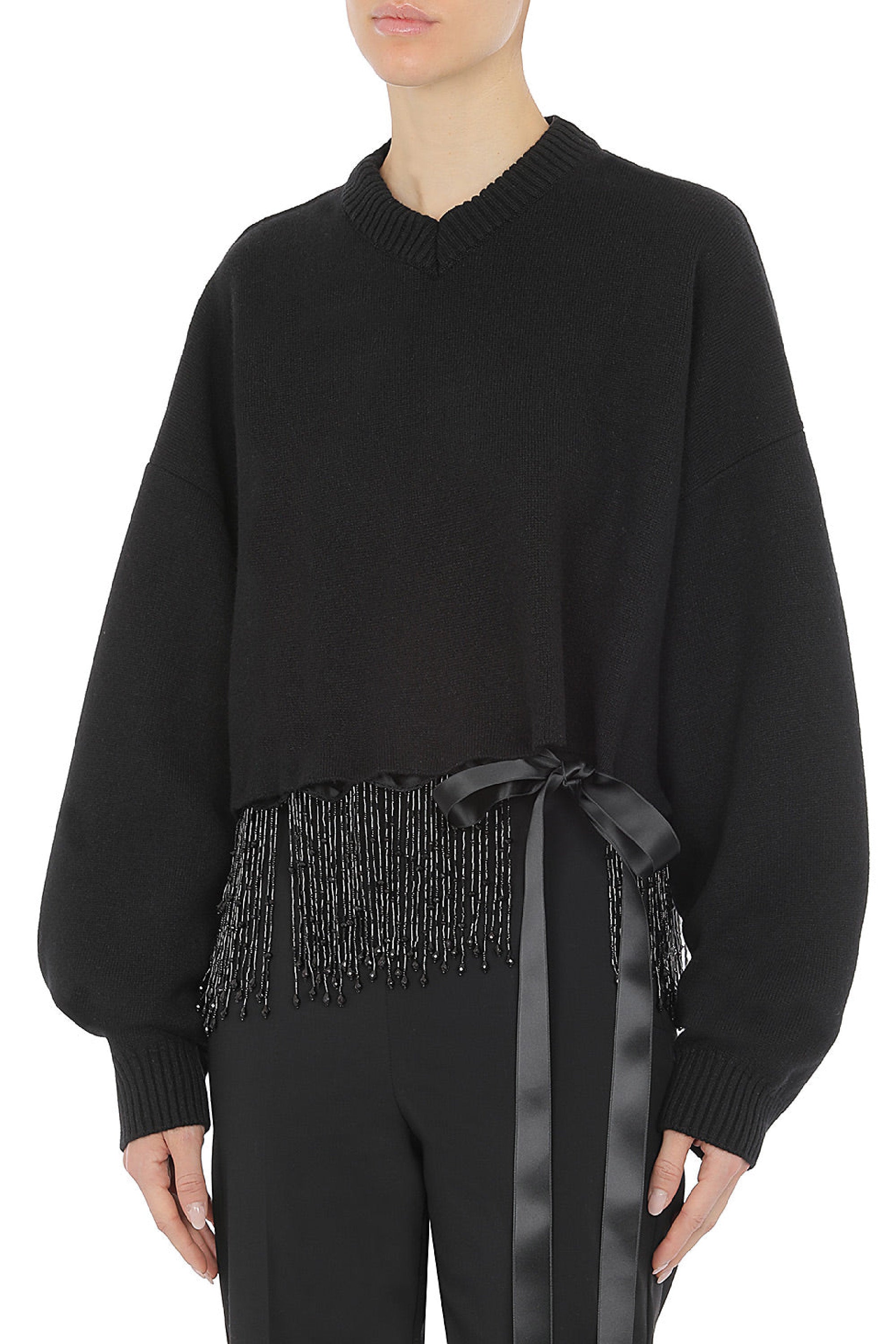 Pull orné avec nœud en laine et soie - Black