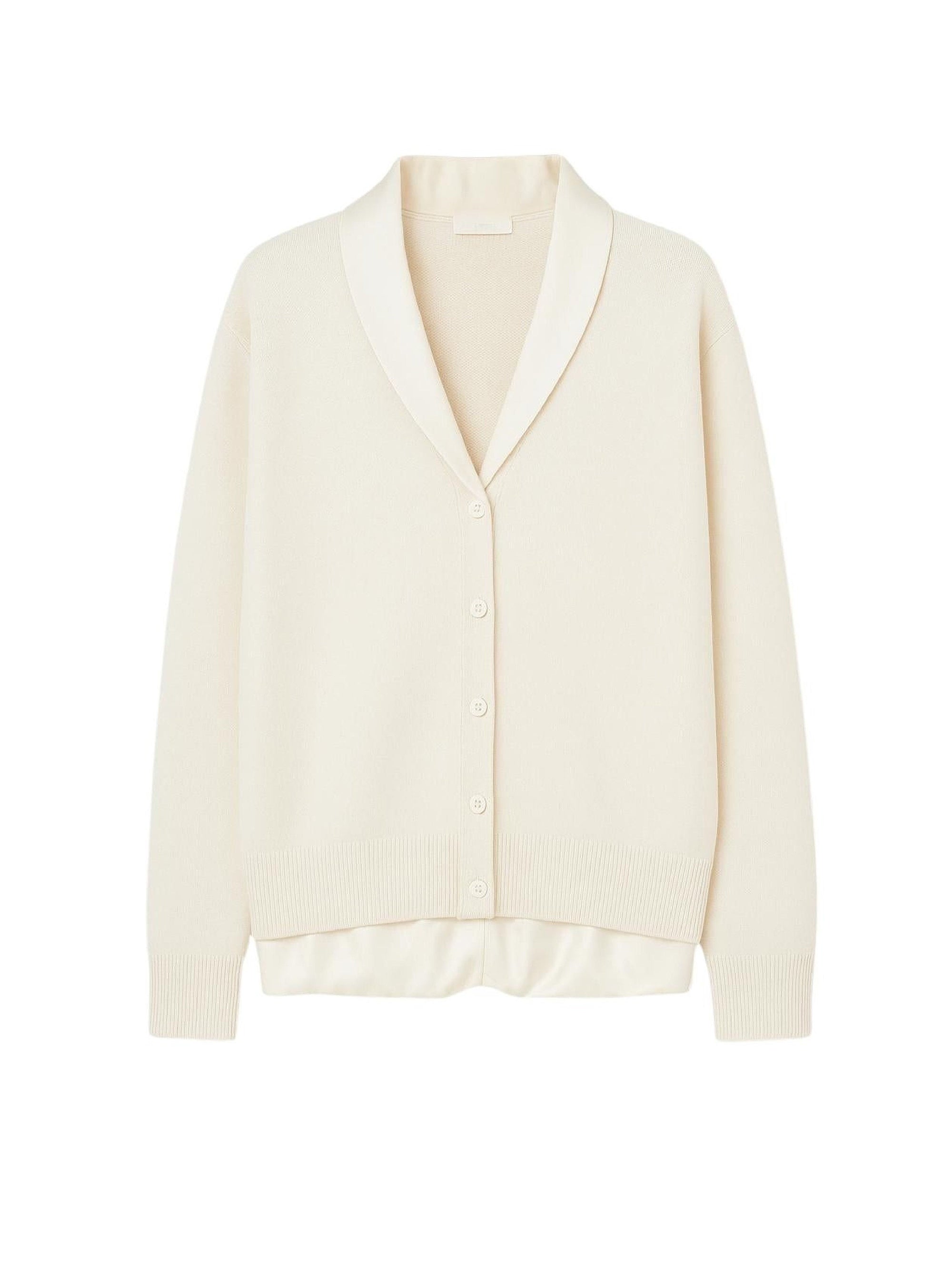 Cardigan boutonné avec col châle en laine et soie - Ivory