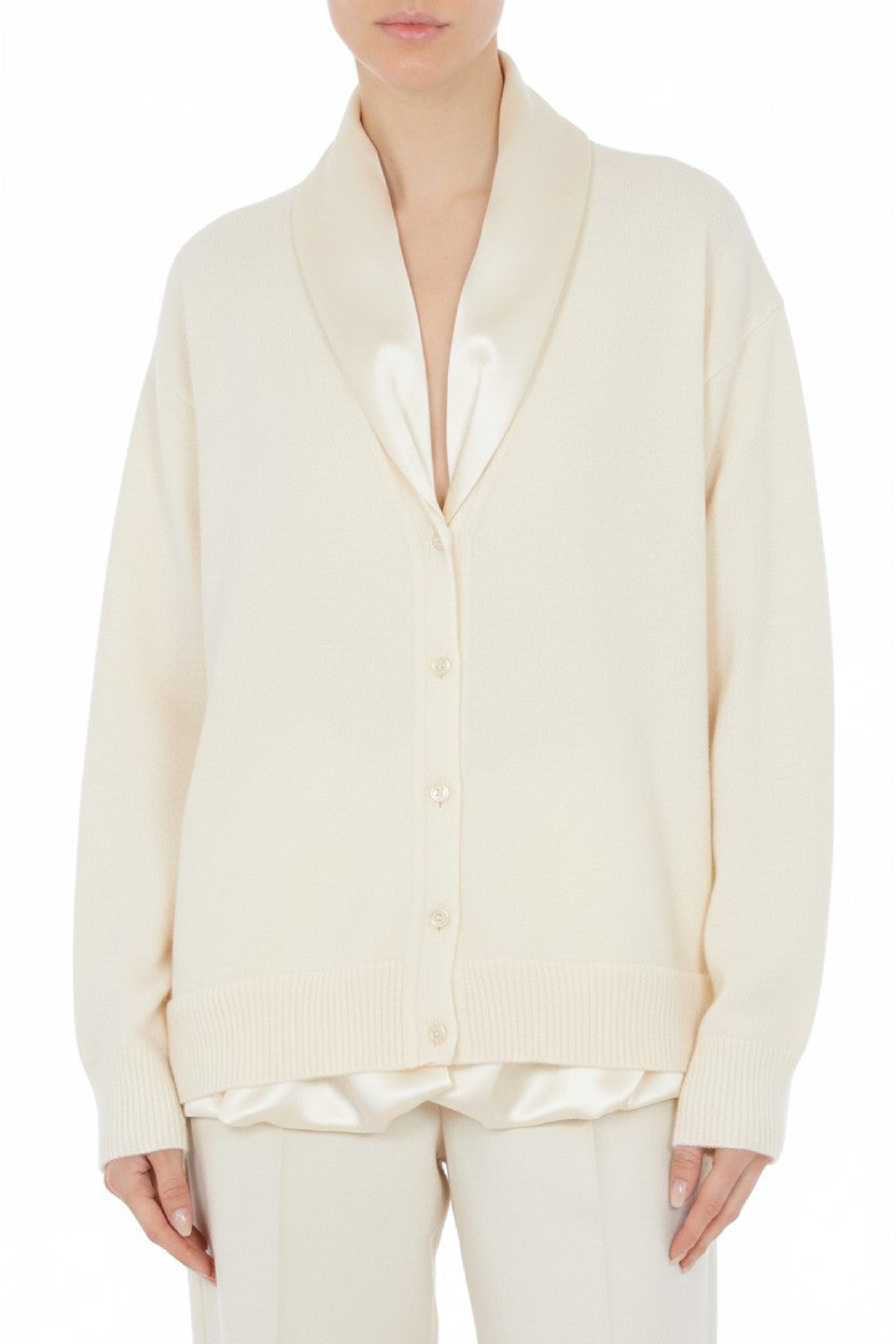 Cardigan boutonné avec col châle en laine et soie - Ivory