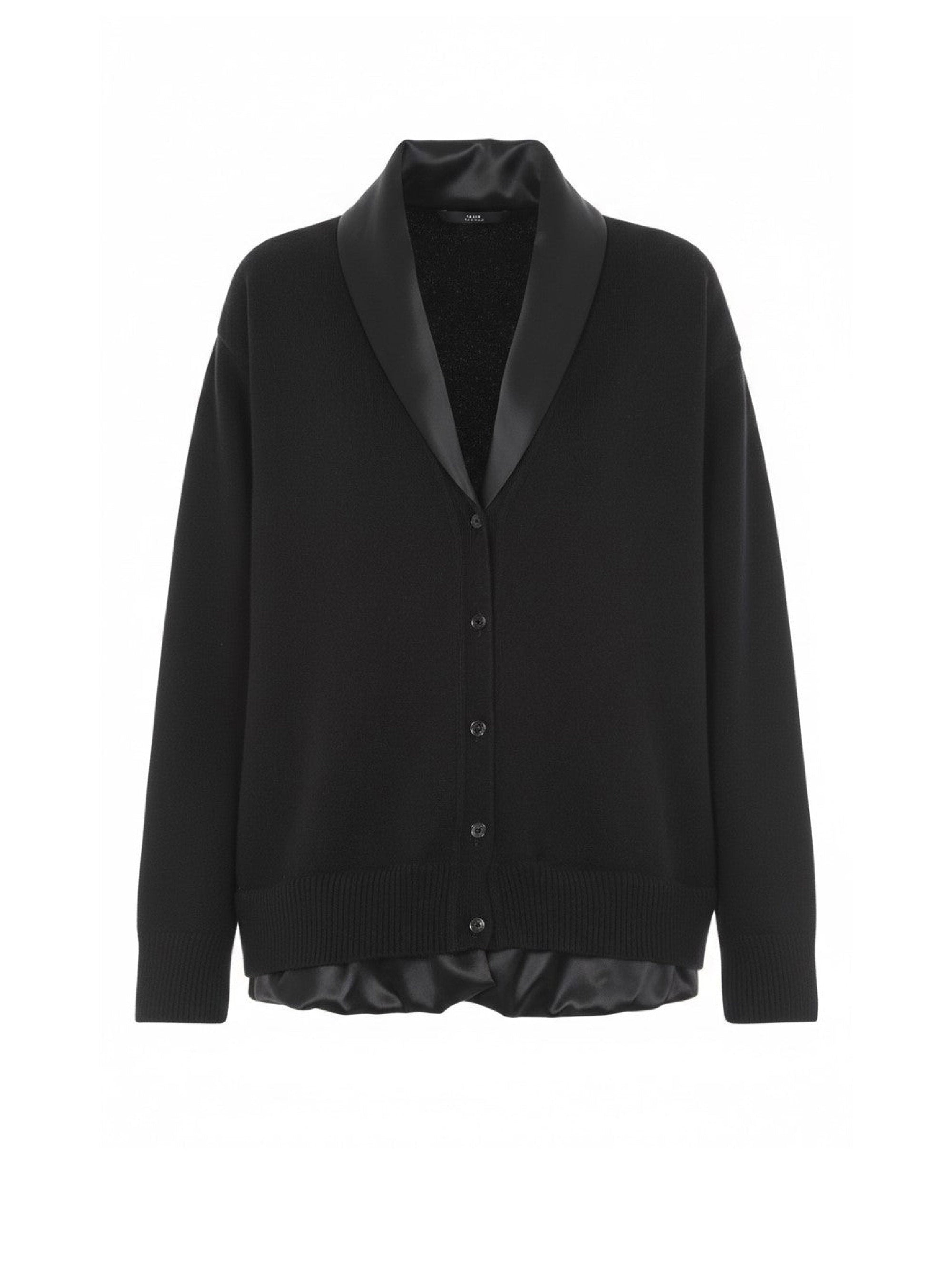 Cardigan boutonné avec col châle en laine et soie - Black
