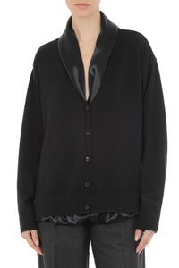 Cardigan boutonné avec col châle en laine et soie - Black