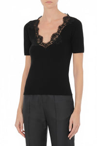 Top à dentelle en laine et soie - Black