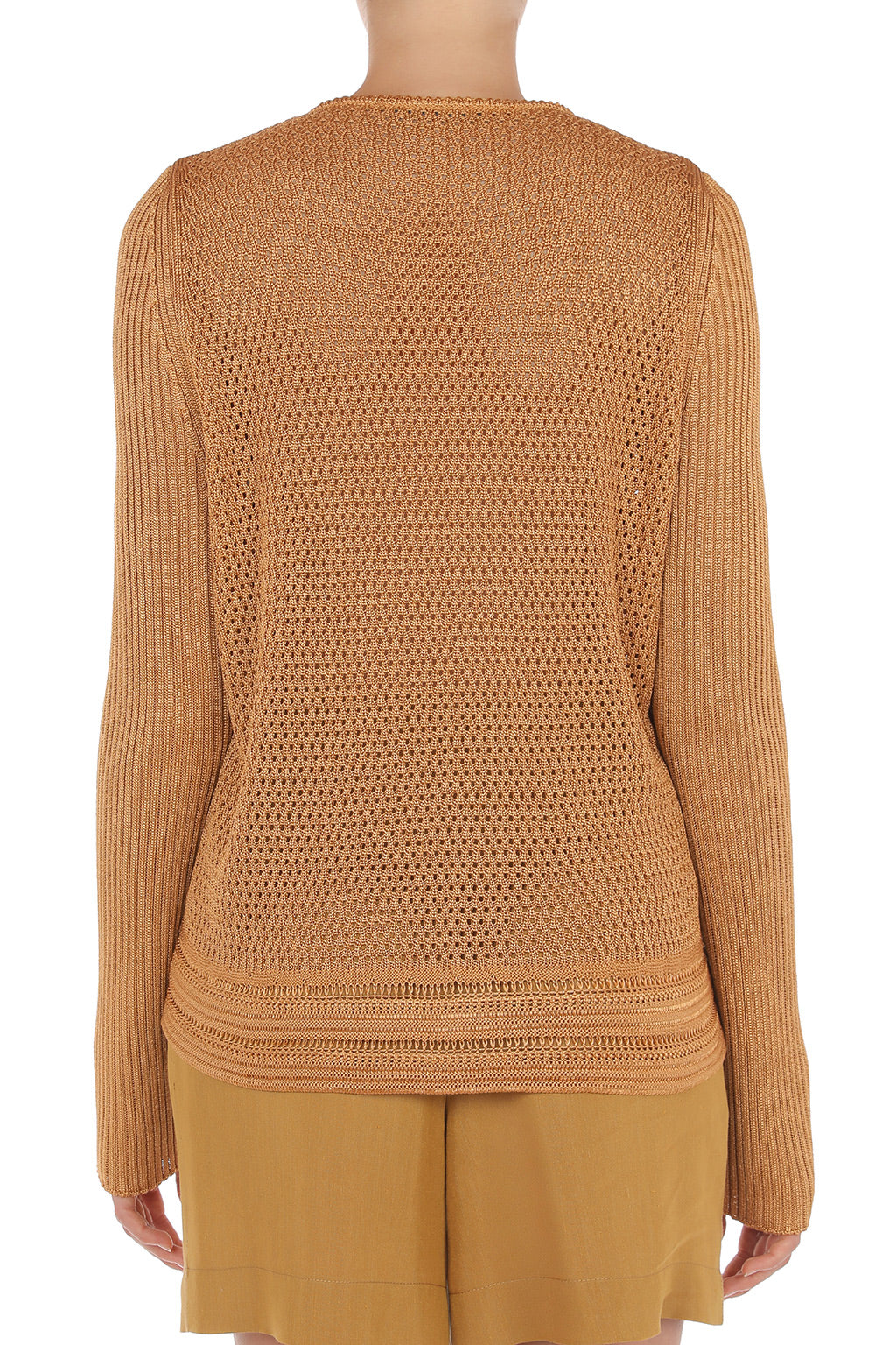 Textured knit jumper with v-neck - Brown & Yellow