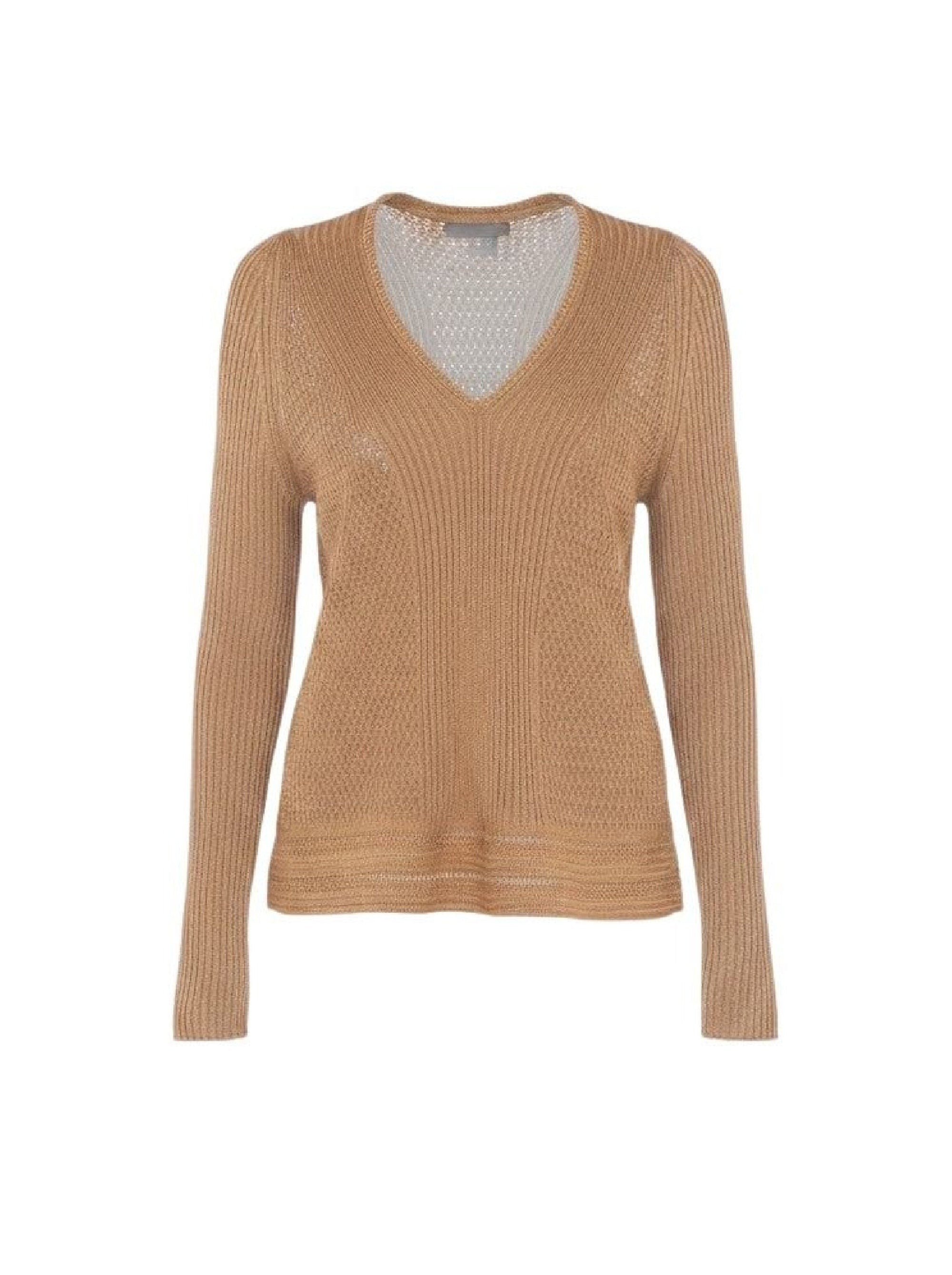 Textured knit jumper with v-neck - Brown & Yellow