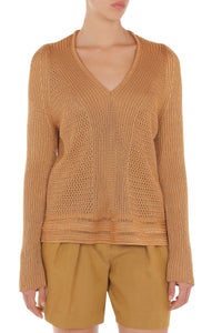 Textured knit jumper with v-neck - Brown & Yellow