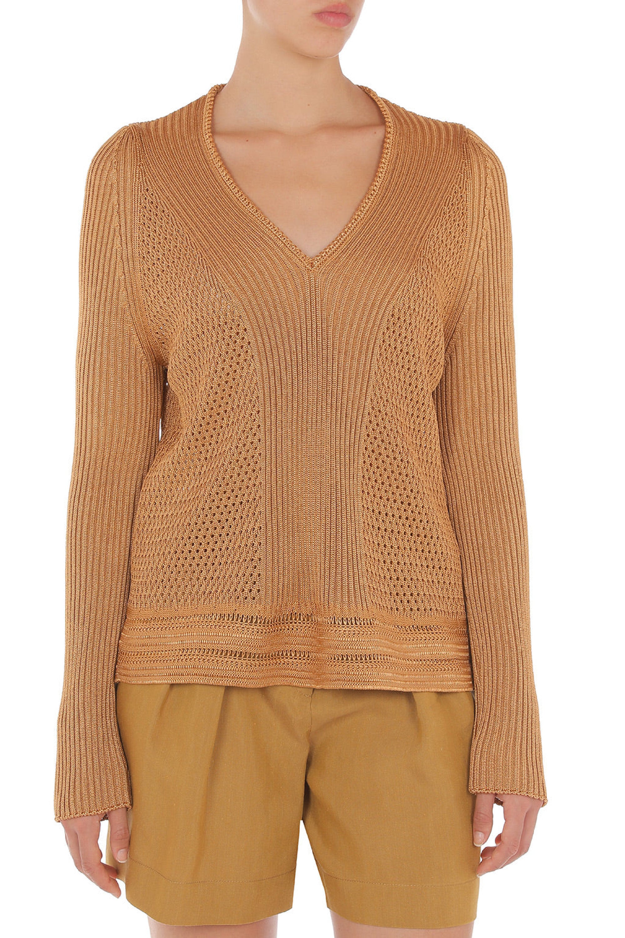Textured knit jumper with v-neck - Brown & Yellow