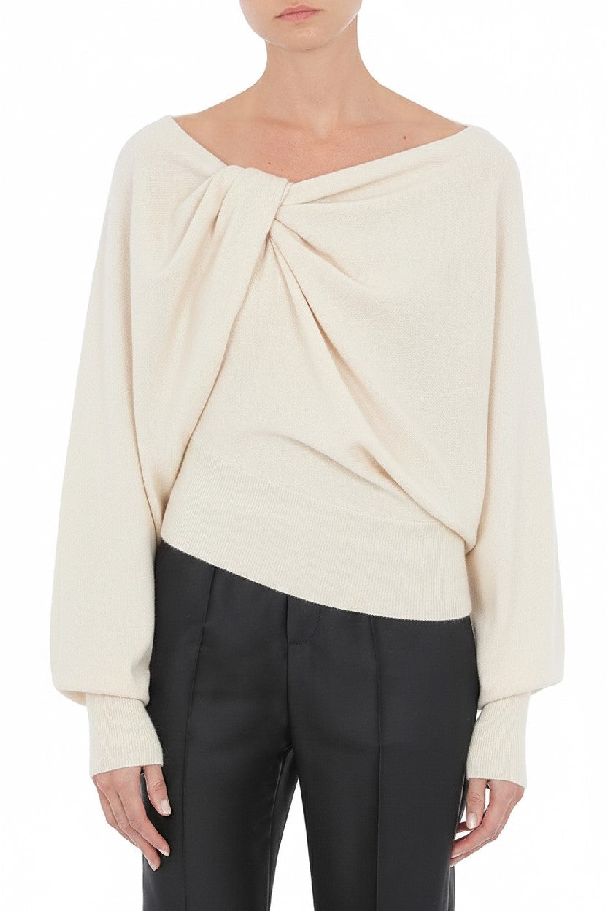 Pull drapé à épaules dégagées en laine et soie - Ivory