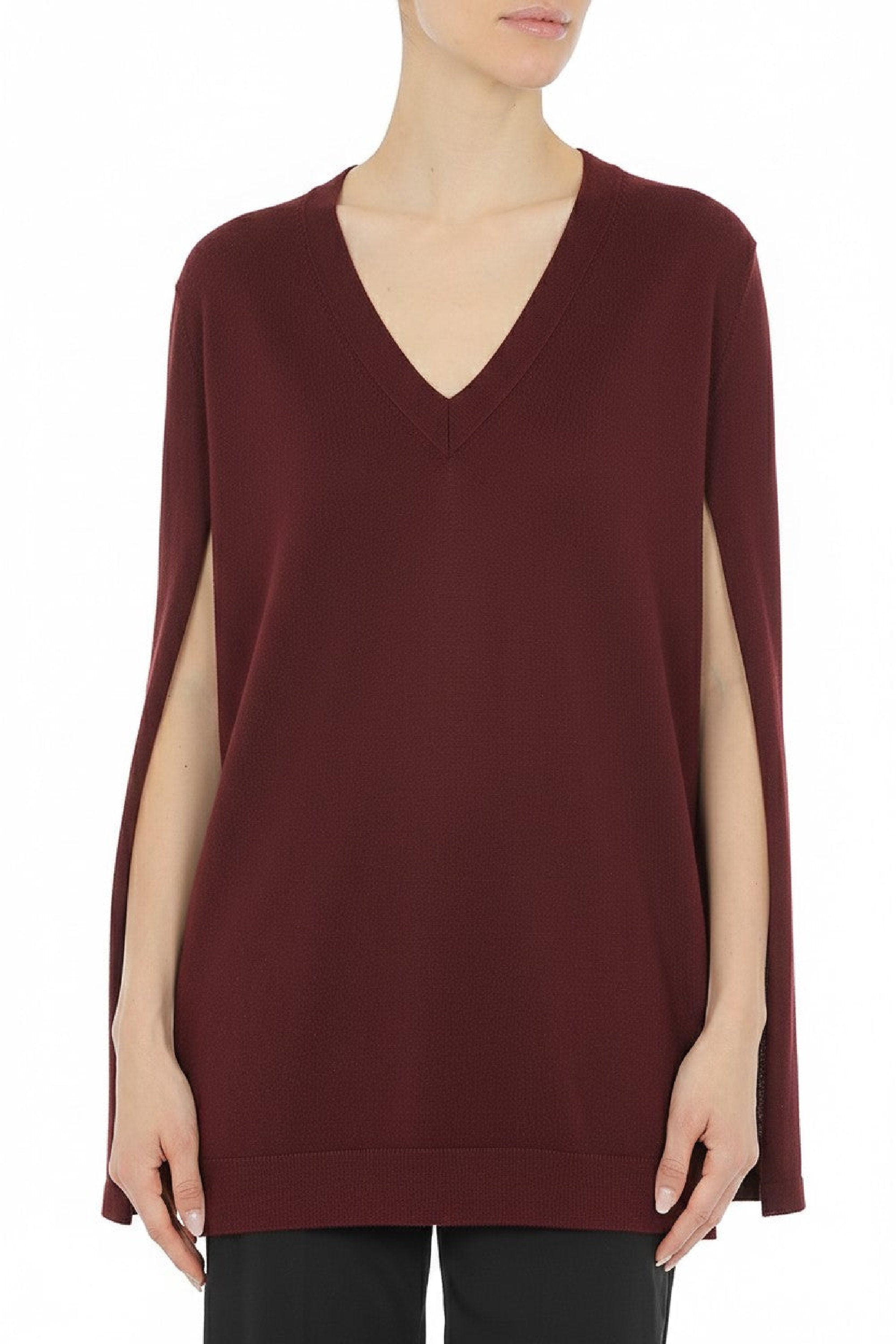 Pull avec à manches cape et col en v en laine - Brown