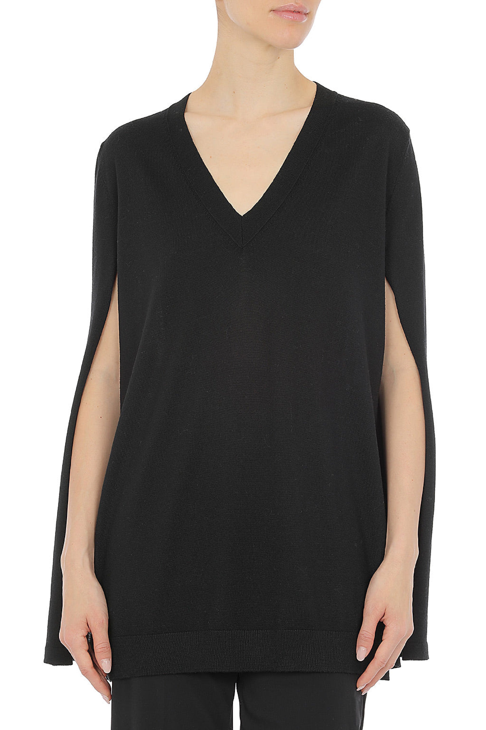 Pull avec à manches cape et col en v en laine - Black