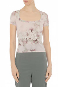 Short-sleeved wool floral print top - Fantasy Pink
