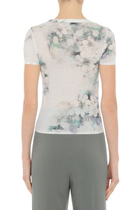 Short-sleeved wool floral print top - Fantasy Ice Grey