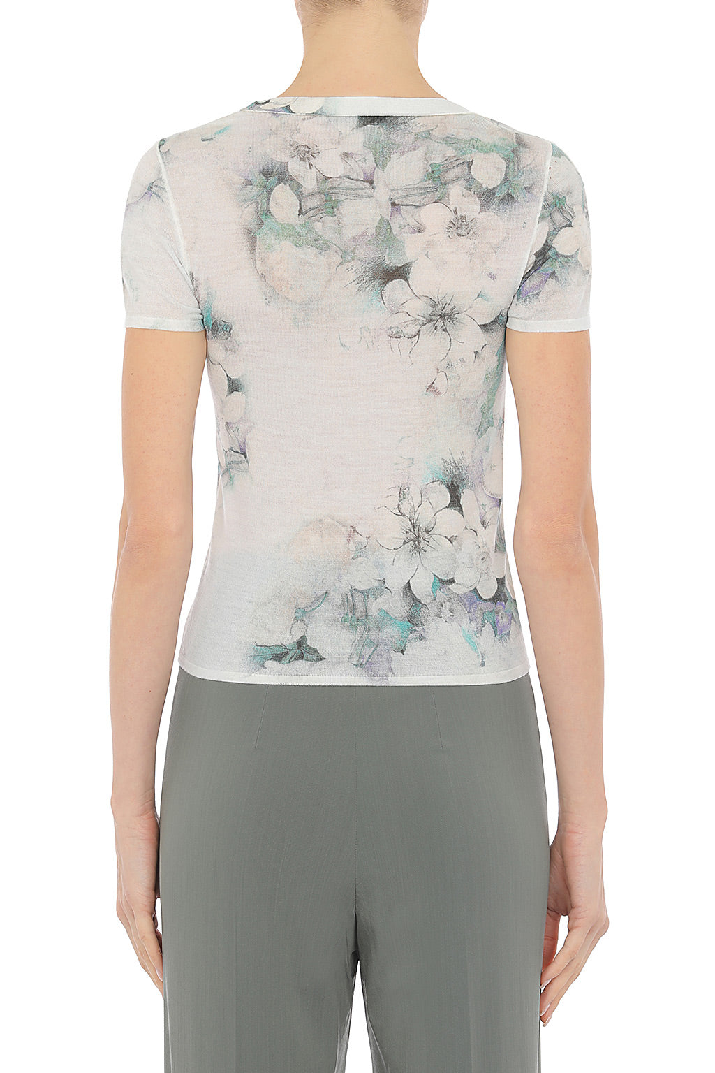 Short-sleeved wool floral print top - Fantasy Ice Grey