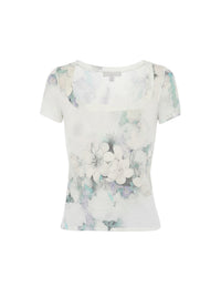 Short-sleeved wool floral print top - Fantasy Ice Grey