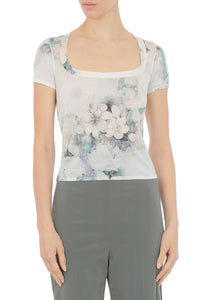 Short-sleeved wool floral print top - Fantasy Ice Grey