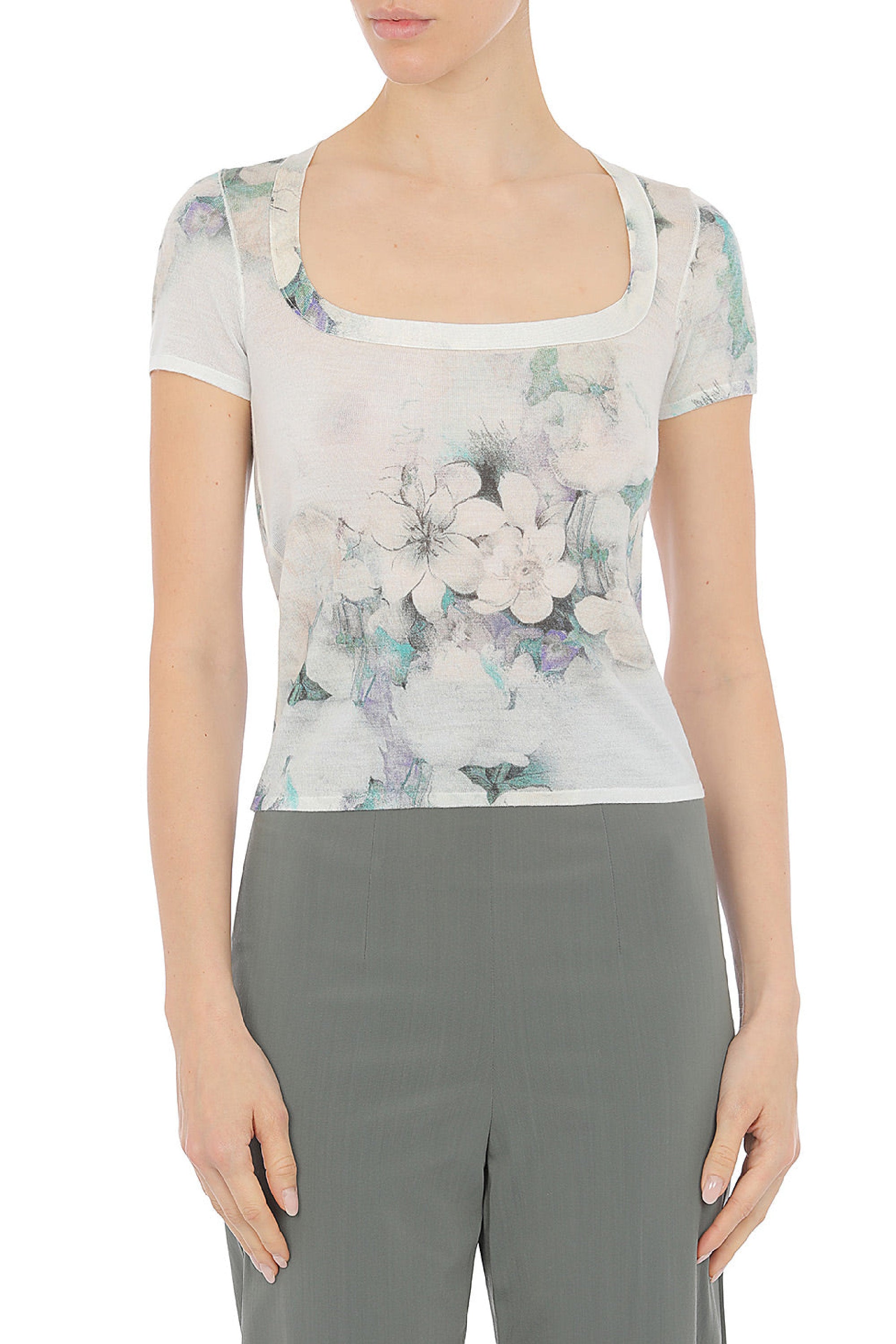 Short-sleeved wool floral print top - Fantasy Ice Grey