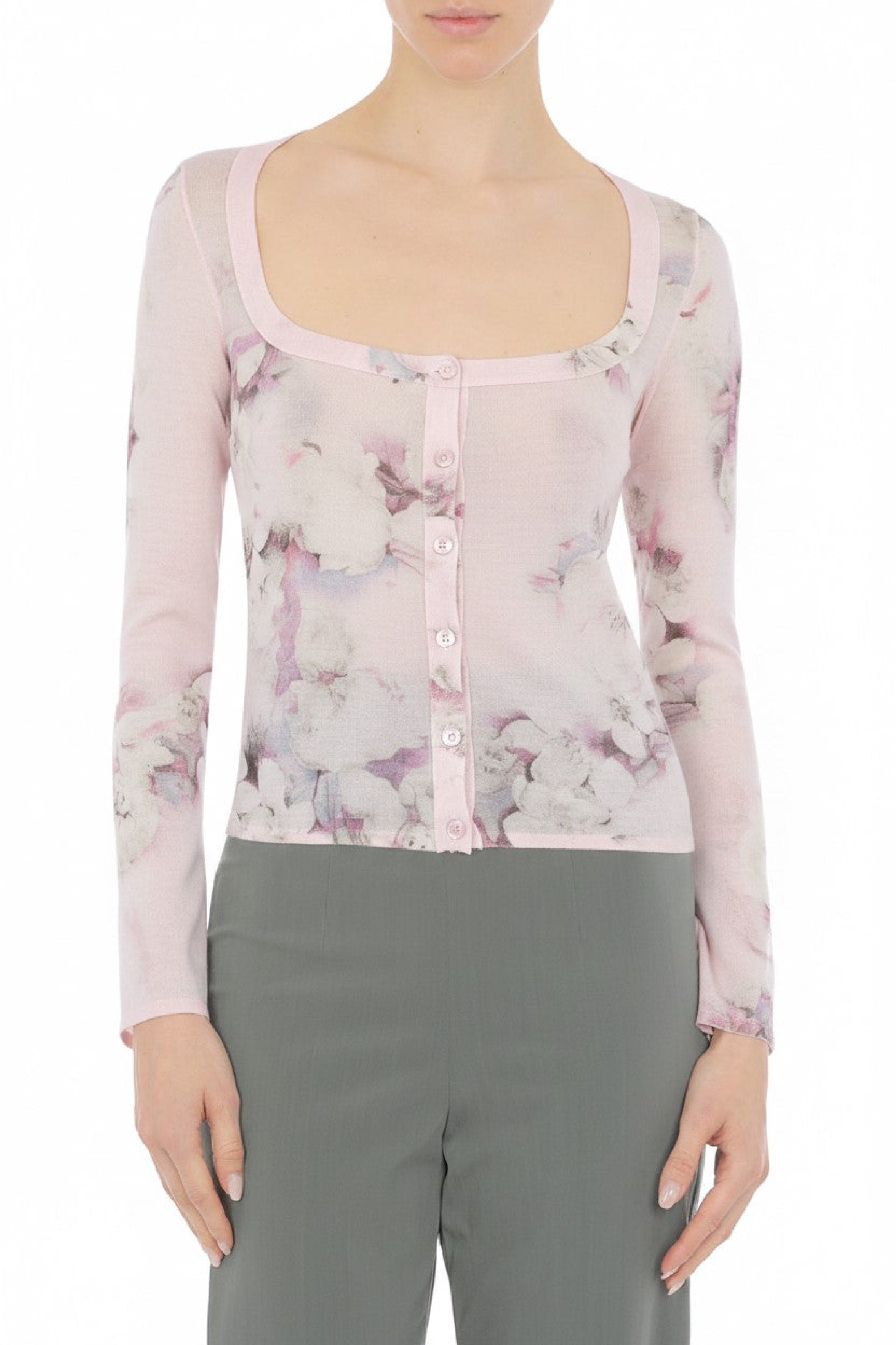 Cardigan boutonné imprimé floral en laine - Fantasy Pink