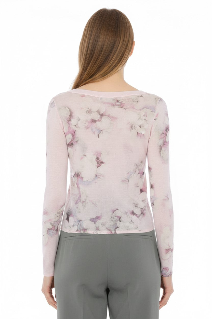 Cardigan boutonné imprimé floral en laine - Fantasy Pink